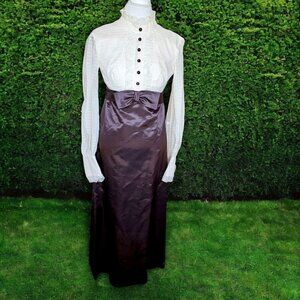 Victorian 70s Womens Small Formal Dress Longsleeve Marm Prairie Brown Satin‎ 4 6